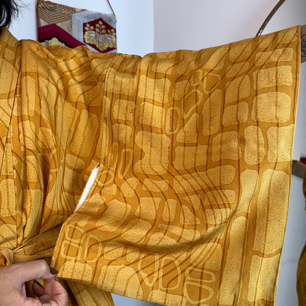 Kimono Mustard Yellow Lines and Forms in Silk with Belt