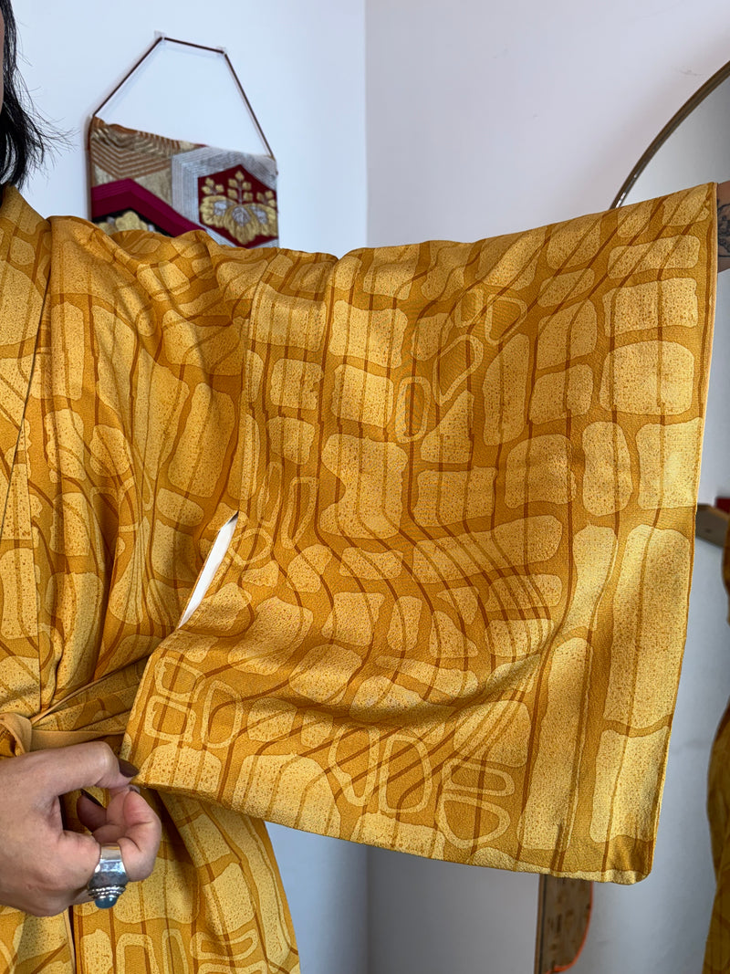 Kimono Mustard Yellow Lines and Forms in Silk with Belt