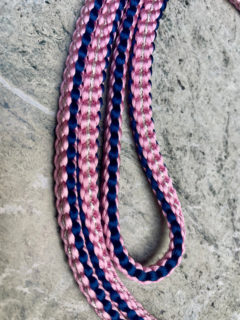 Obijime Belt Flat Braided Purple and Pink with Silver in Silk