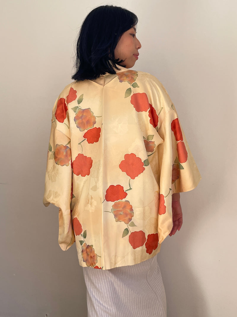 Haori Yellow Cream with Hand-painted Flowers in Silk