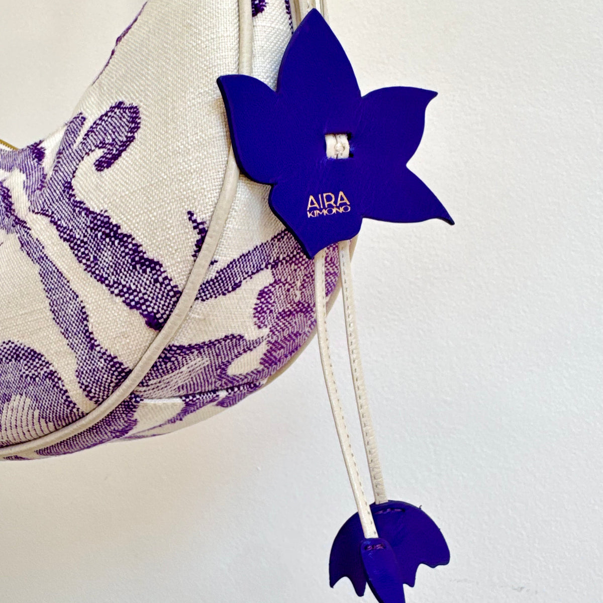Aiko Bag: Fuji - White and Purple from Woven Japanese Obi Sash with White Leather Strap
