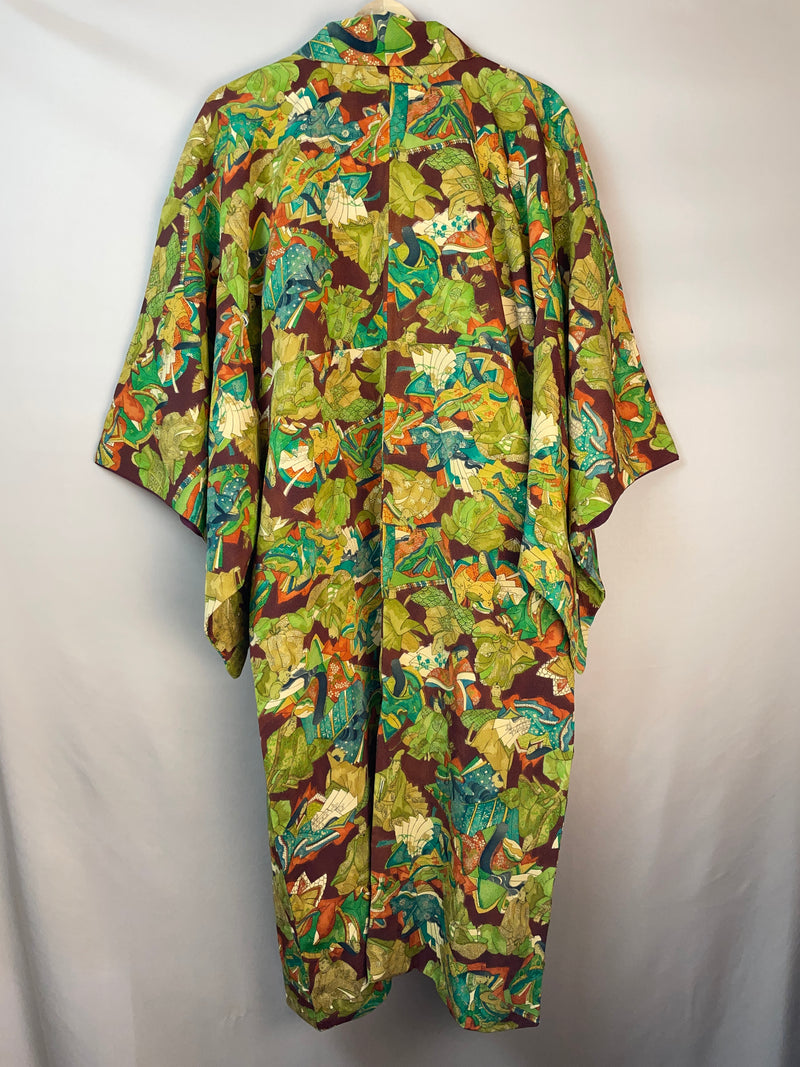 Kimono Dark Brown with Green Pattern of People in Kimono