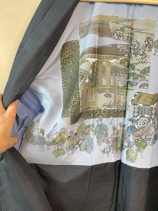 Haori Mens Dark Blue Oshima Tsumugi Silk with Painted Interior