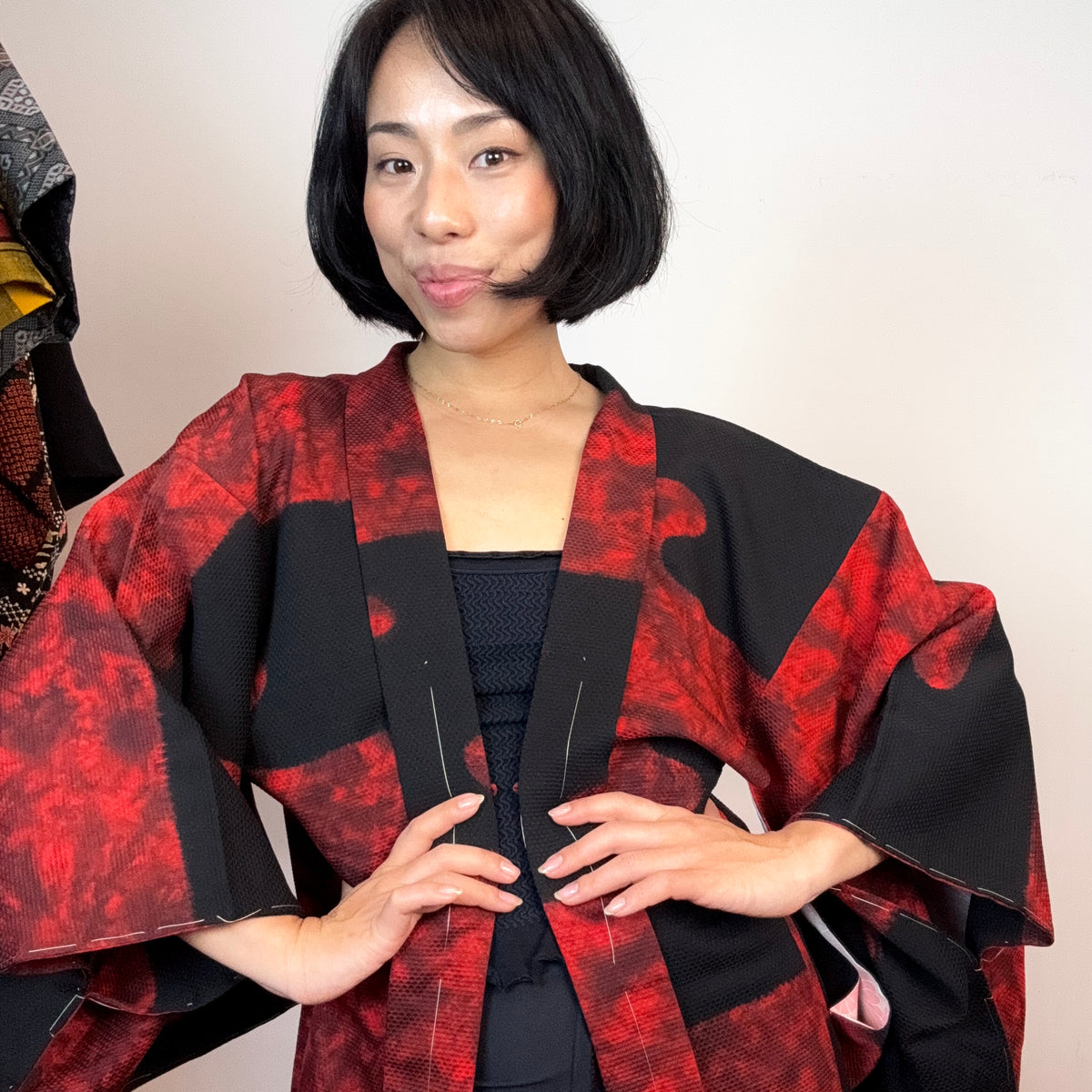 Haori Black with Red Clouds made in Shibori Technique in Silk