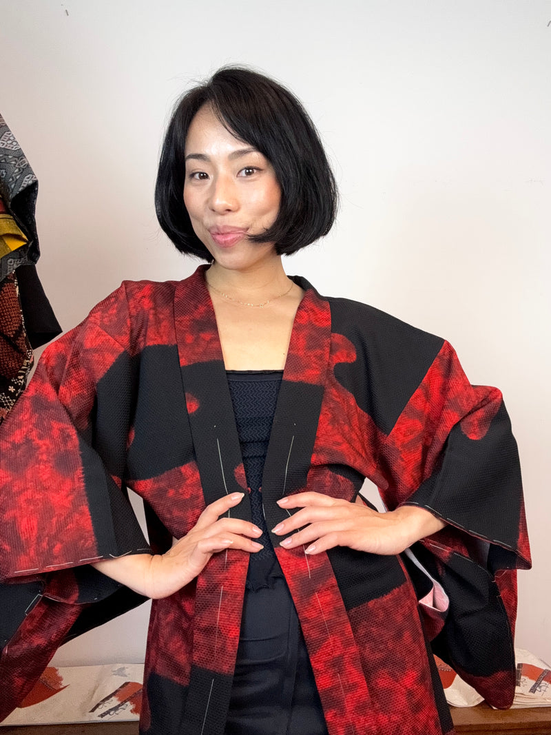 Haori Black with Red Clouds made in Shibori Technique in Silk