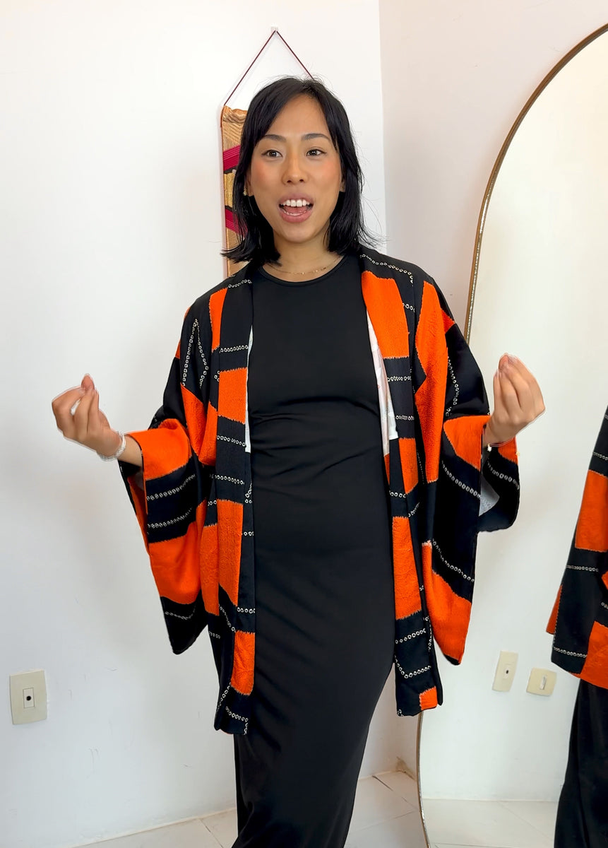 Haori Jacket in Black and Orange in Shibori Silk