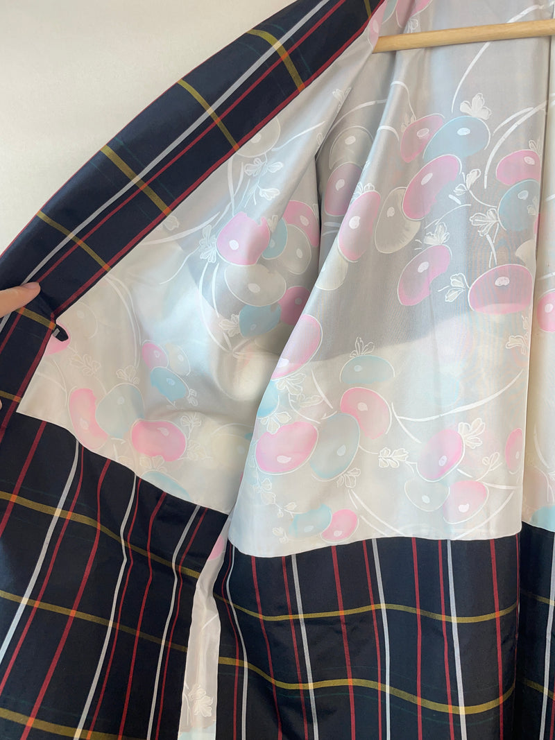 Haori in Dark Blue Checkered Multicolor Lines with Knot Closure