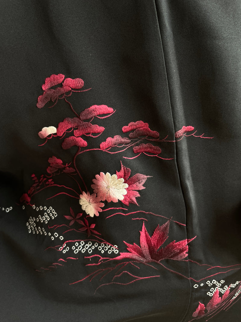 Haori Black with Dark Red Flowers Embroidered in Silk