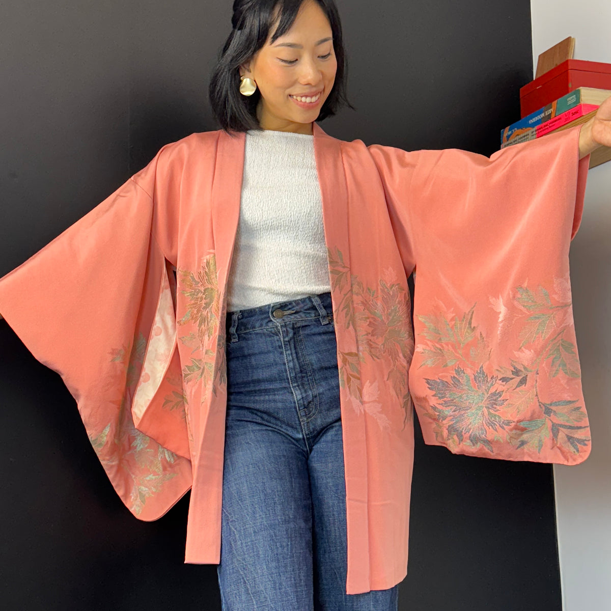 Haori Pink with Metallic Flowers Embroidered in Silk Crepe