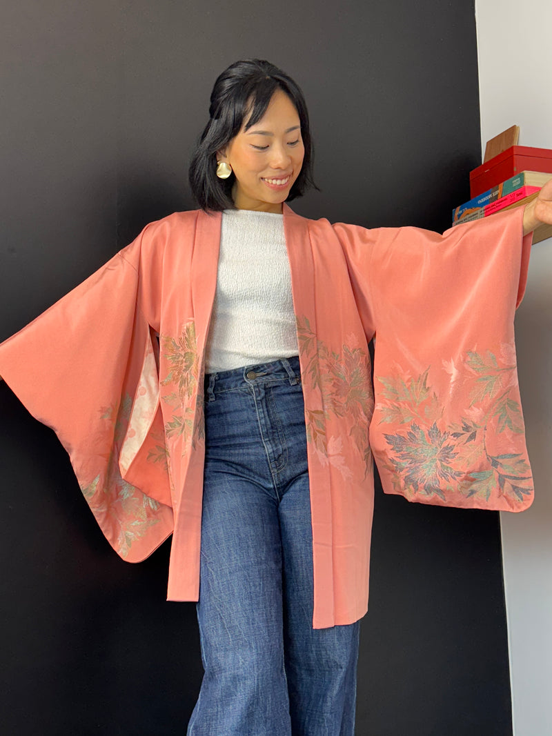 Haori Pink with Metallic Flowers Embroidered in Silk Crepe