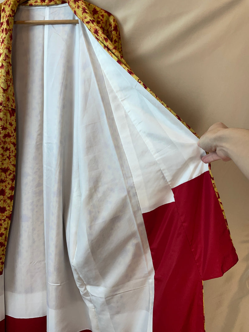 Kimono Golden Sun with Red Shibori Technique in Silk
