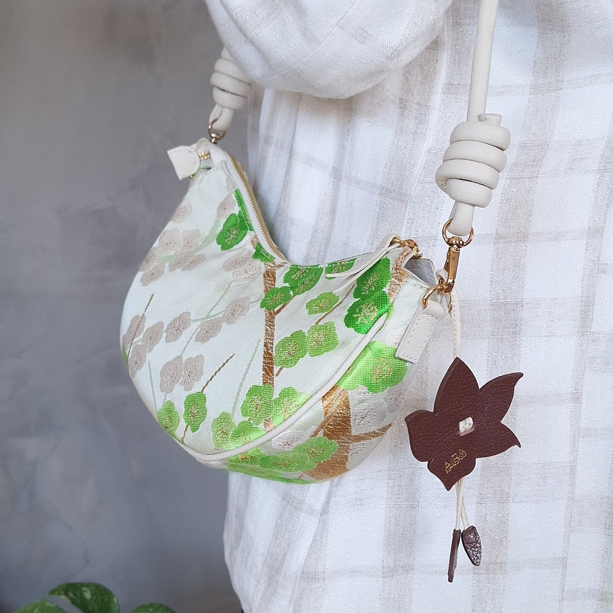 Aiko Bag: Green Sakura Embroidered in Silk from Vintage Japanese Obi Sash with White Leather Strap