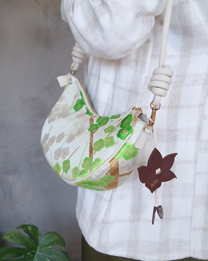 Aiko Bag: Green Sakura Embroidered in Silk from Vintage Japanese Obi Sash with White Leather Strap