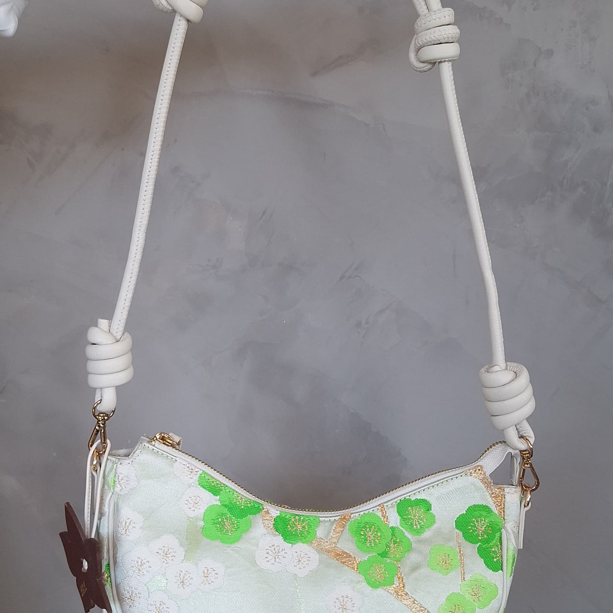 Aiko Bag: Green Sakura Embroidered in Silk from Vintage Japanese Obi Sash with White Leather Strap