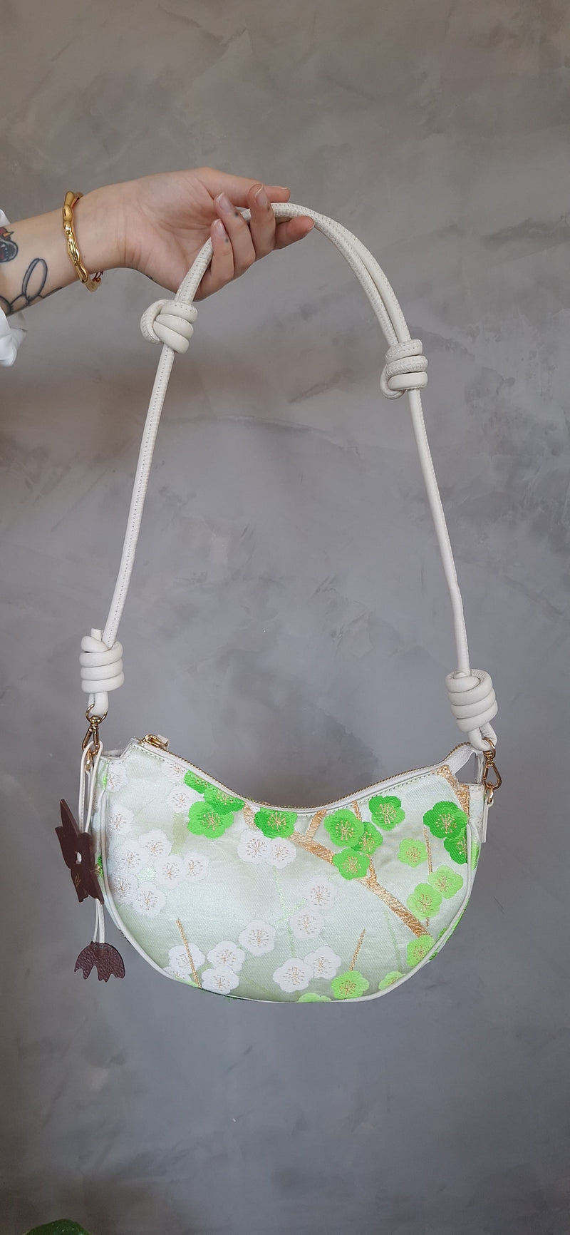 Aiko Bag: Green Sakura Embroidered in Silk from Vintage Japanese Obi Sash with White Leather Strap