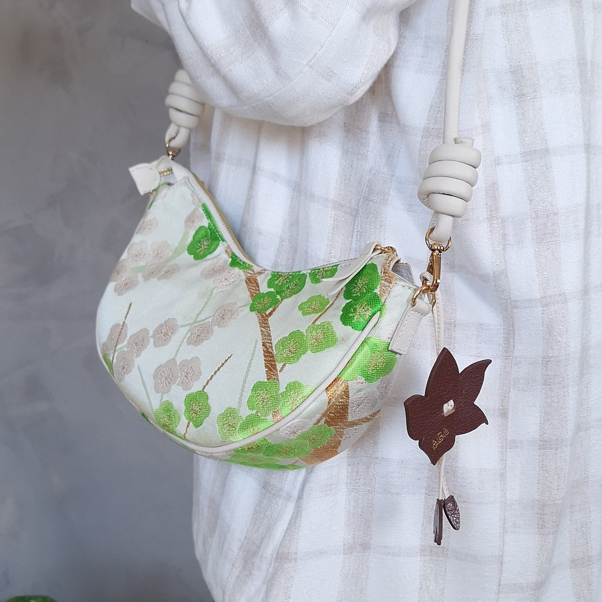 Aiko Bag: Green Sakura Embroidered in Silk from Vintage Japanese Obi Sash with White Leather Strap