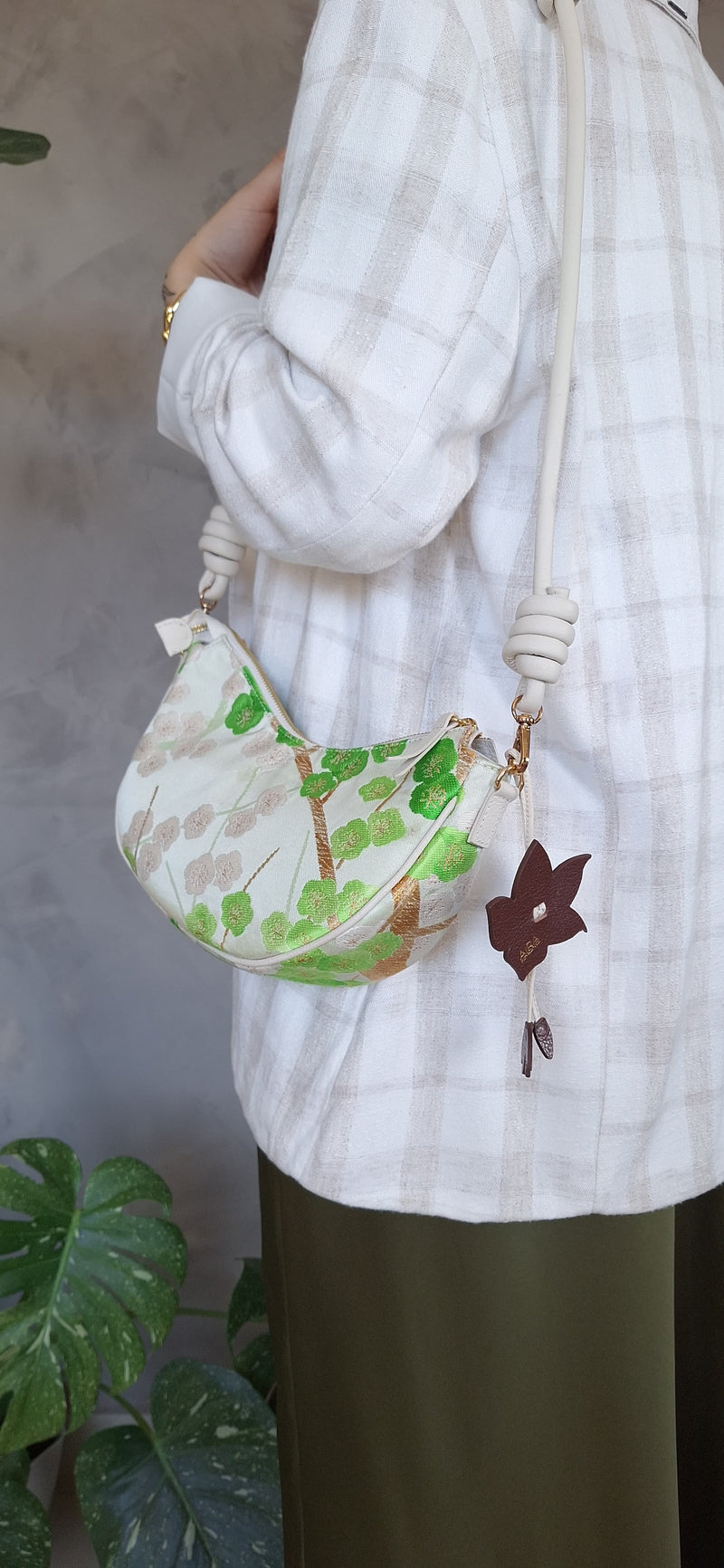 Aiko Bag: Green Sakura Embroidered in Silk from Vintage Japanese Obi Sash with White Leather Strap
