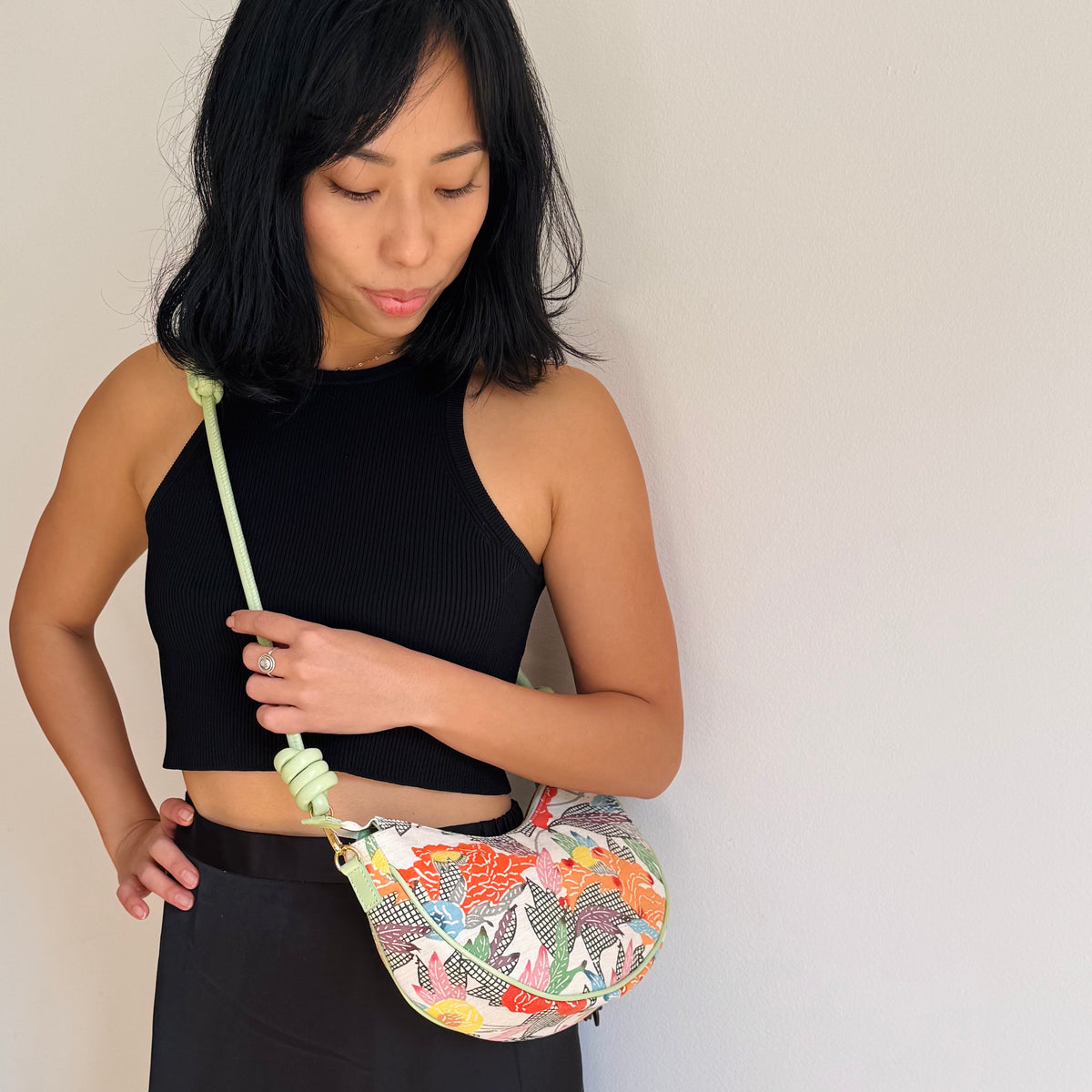 Aiko Bag: Summer Multicolor - from Japanese Obi Sash with Green Leather Strap