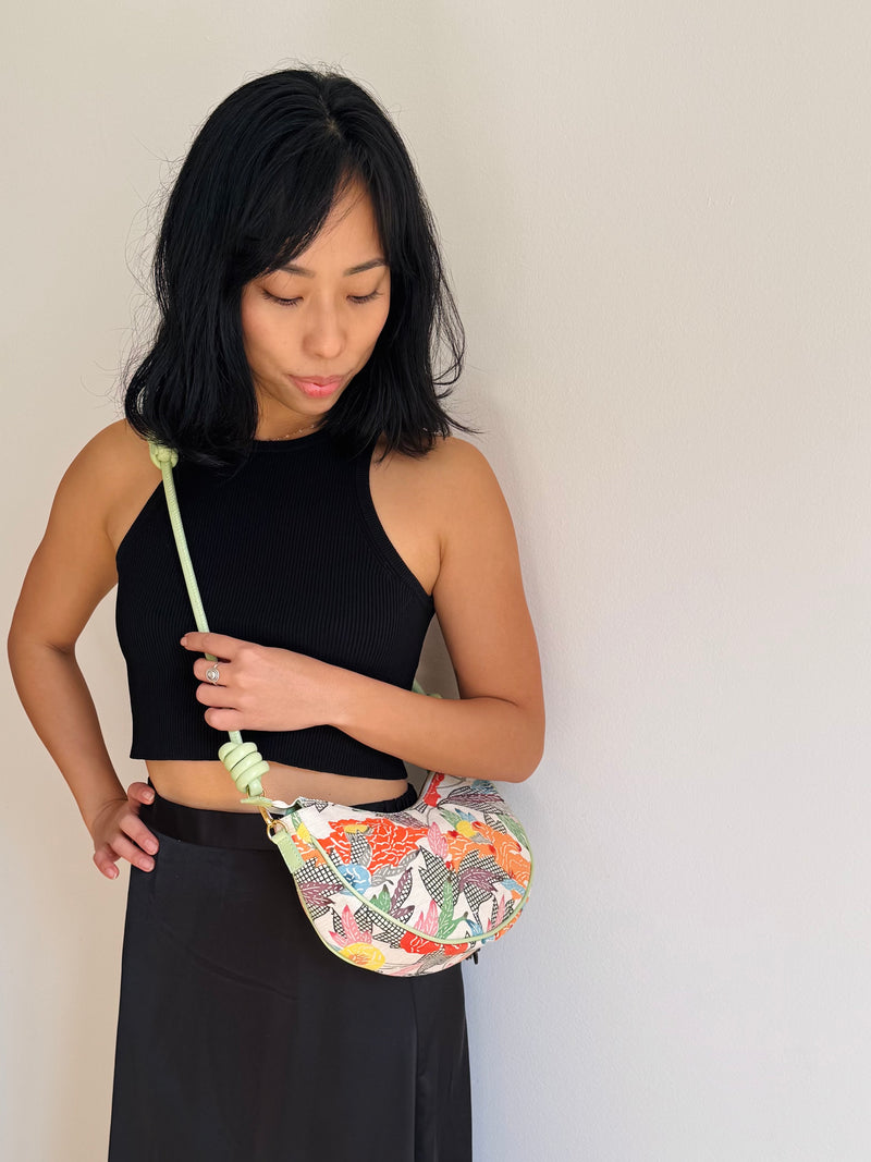 Aiko Bag: Summer Multicolor - from Japanese Obi Sash with Green Leather Strap