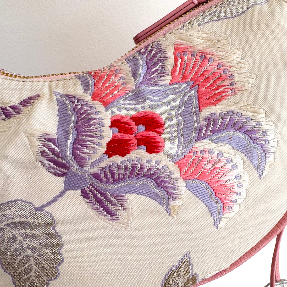 Aiko Bag: Metallic Pink and Blue Peacock and Flowers from Embroidered Obi Sash with Pink Leather Strap