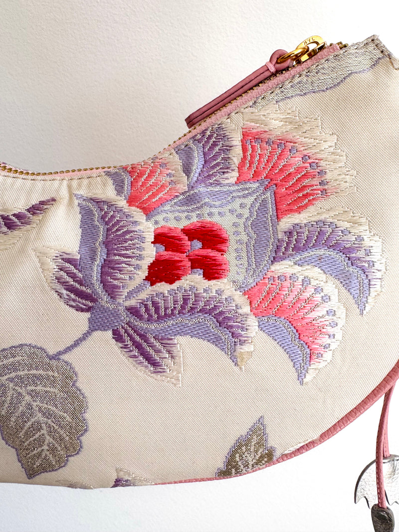 Aiko Bag: Metallic Pink and Blue Peacock and Flowers from Embroidered Obi Sash with Pink Leather Strap