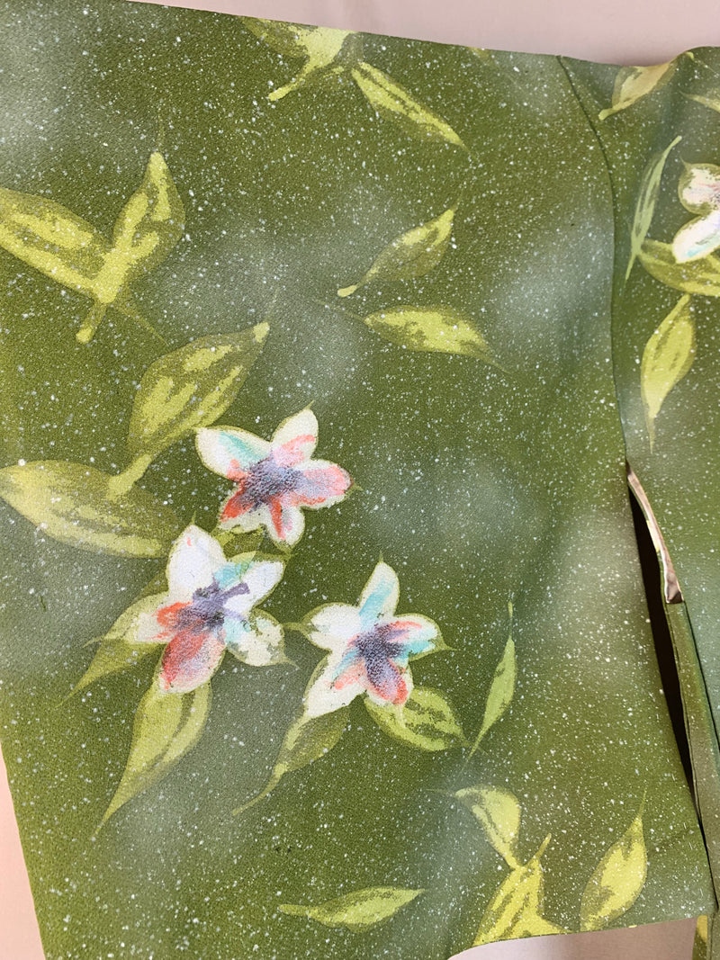 Haori Hand Painted Flowers in Green silk - SKU