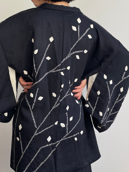 Haori Black with White Shibori Technique Leaves White in Silk