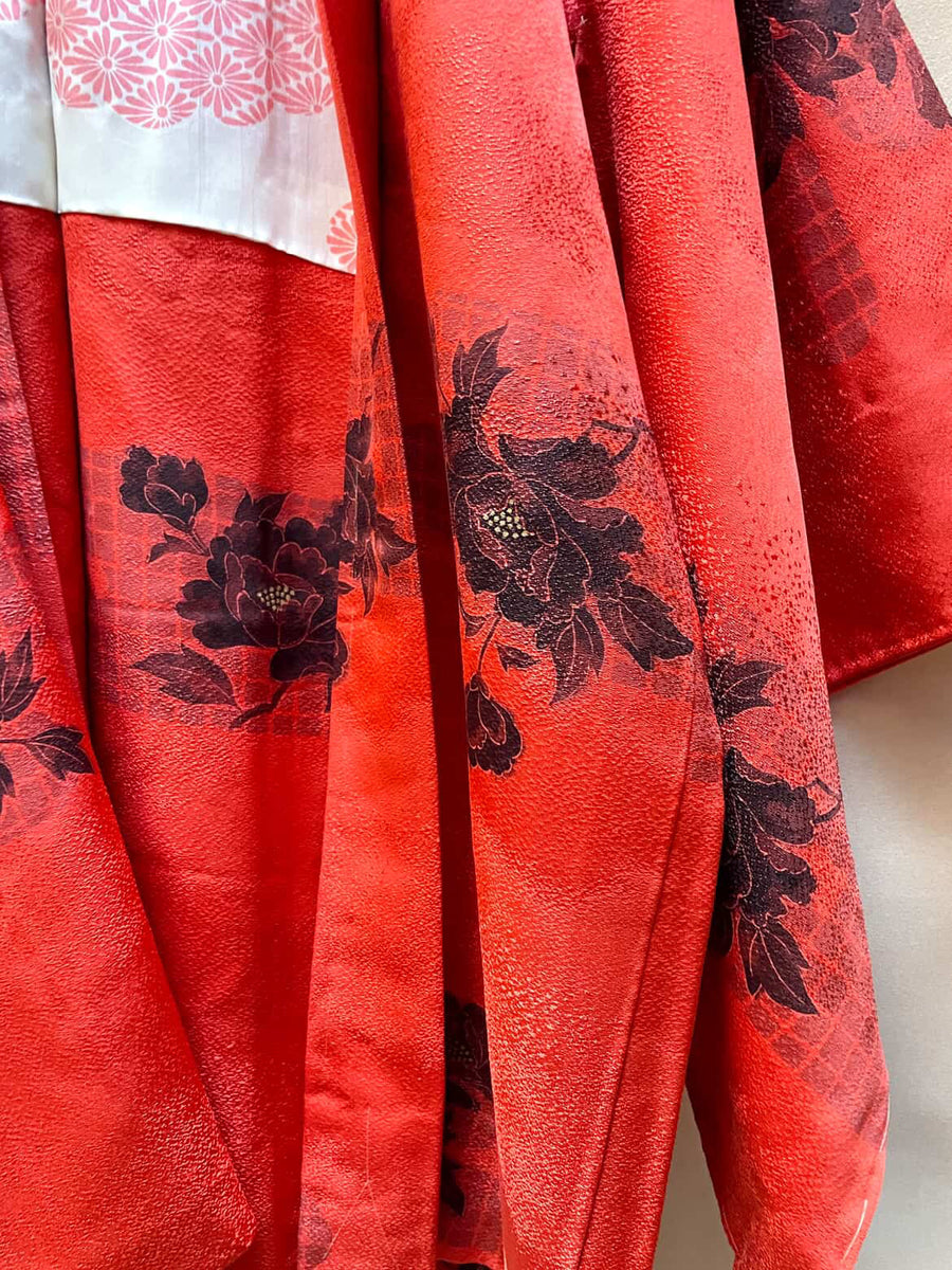 Haori Hot Orange with Flowers in Silk
