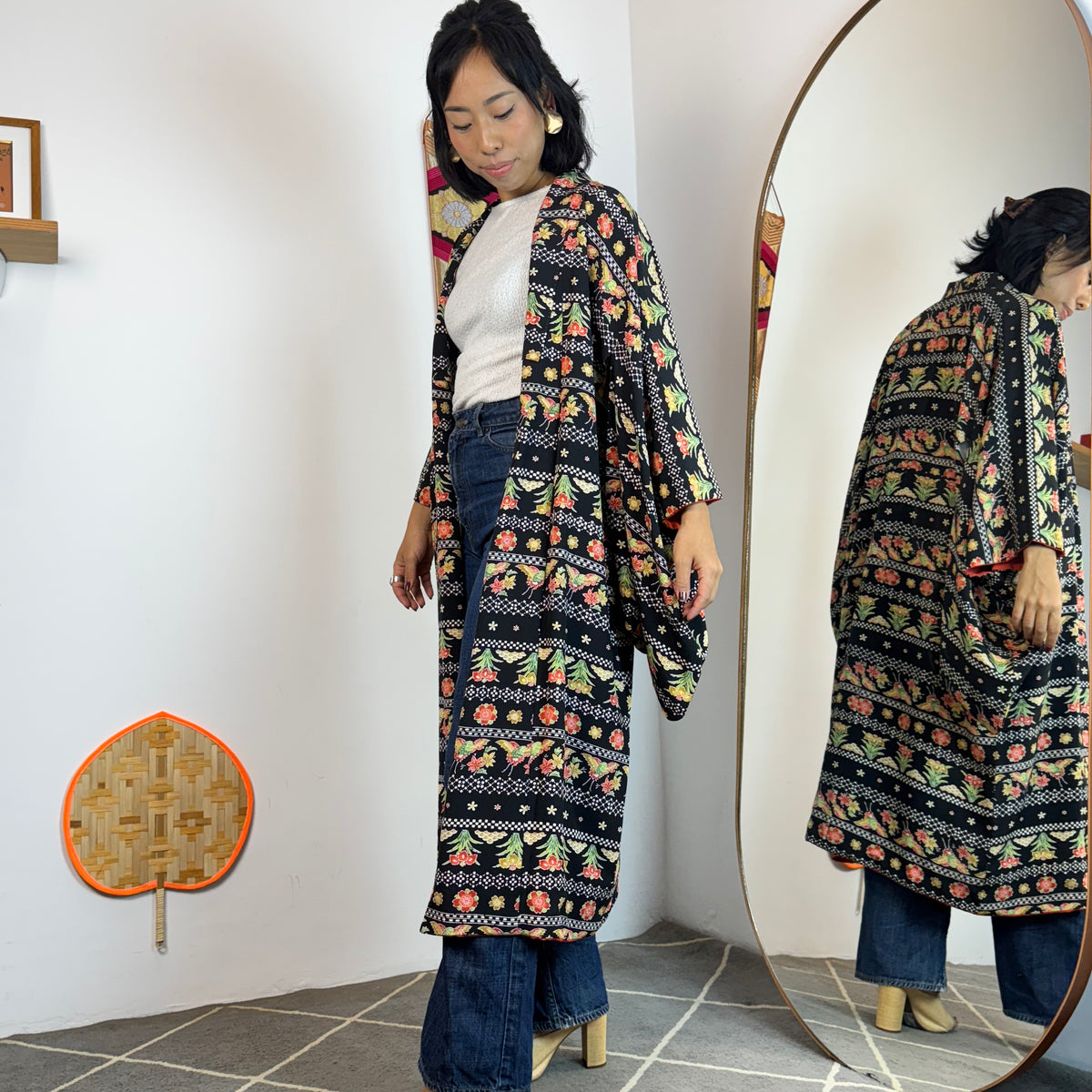Kimono Black Summer with Red and White in Silk