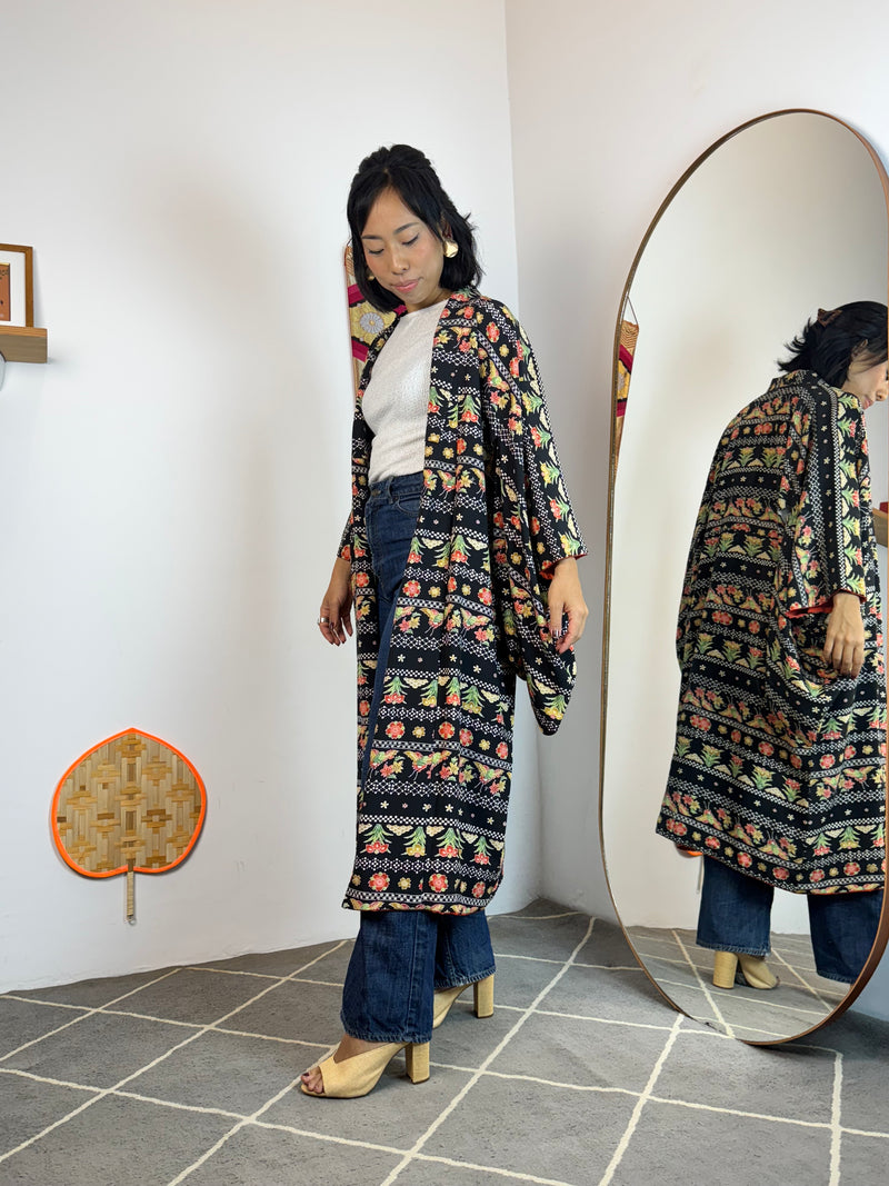 Kimono Black Summer with Red and White in Silk