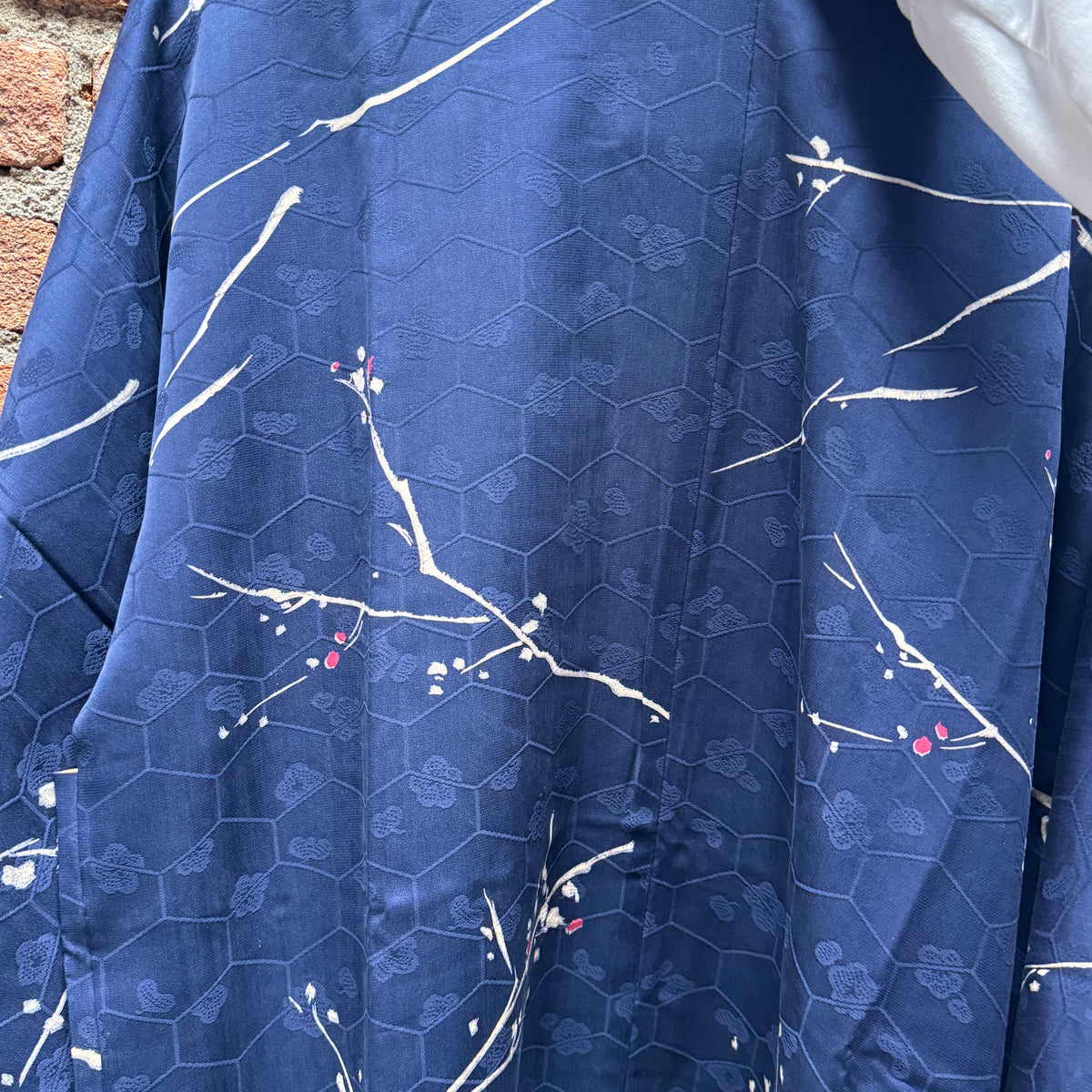 Haori Dark Blue with Beehive Patern and Pink and White Branches in Silk