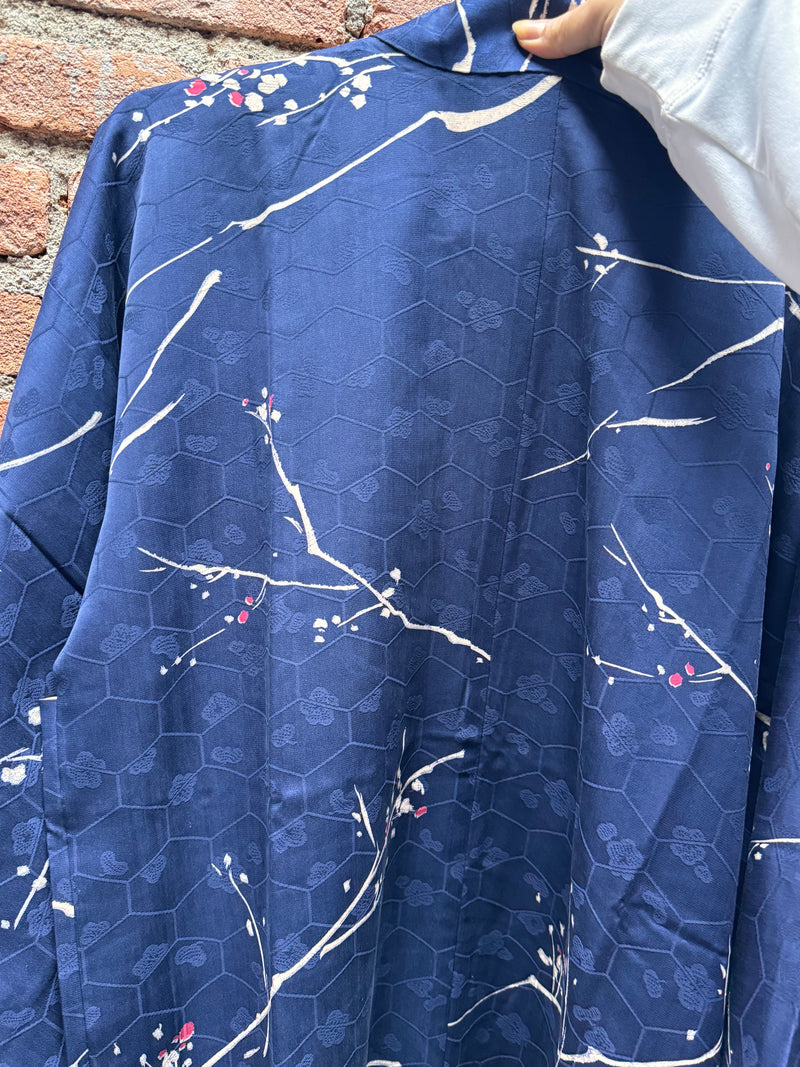 Haori Dark Blue with Beehive Patern and Pink and White Branches in Silk