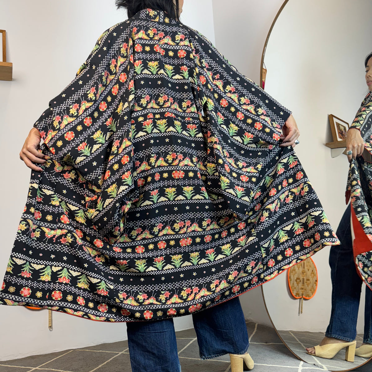 Kimono Black Summer with Red and White in Silk
