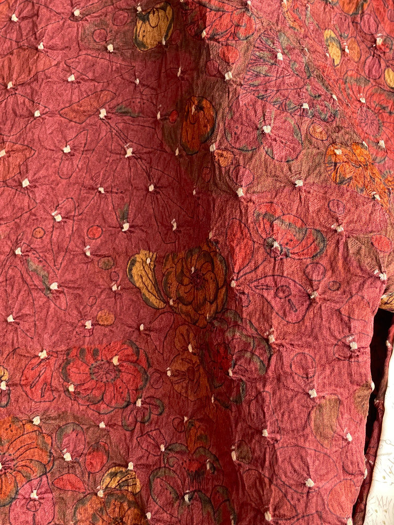 Haori Dark Burgundy in Shibori with Tsujihagana Style Flowers