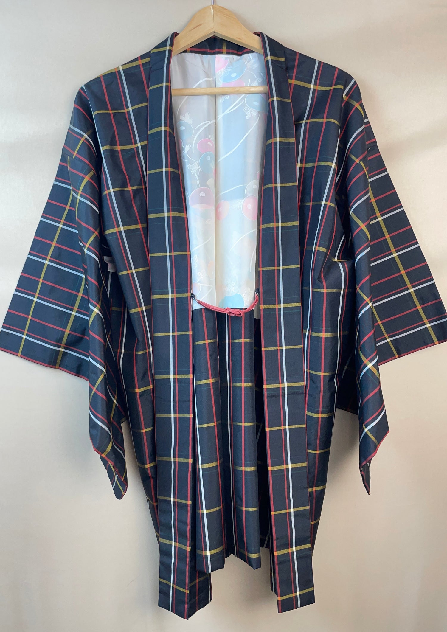 Haori in Dark Blue Checkered Multicolor Lines with Knot Closure