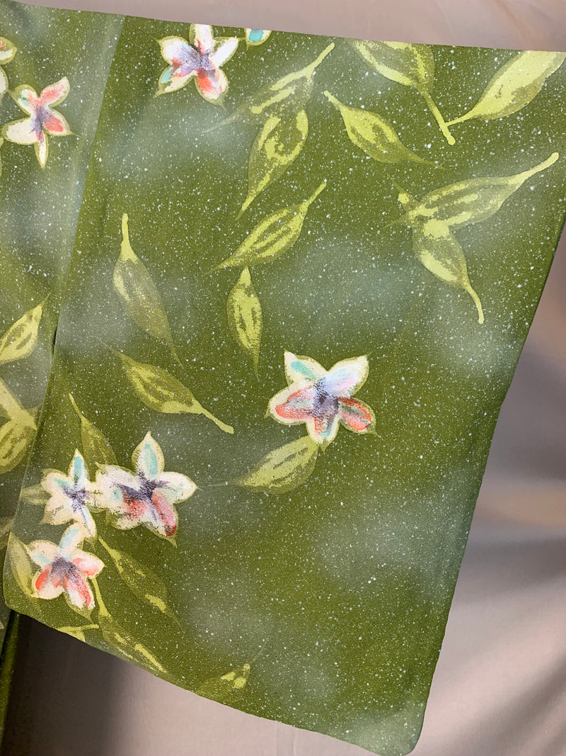 Haori Hand Painted Flowers in Green silk - SKU