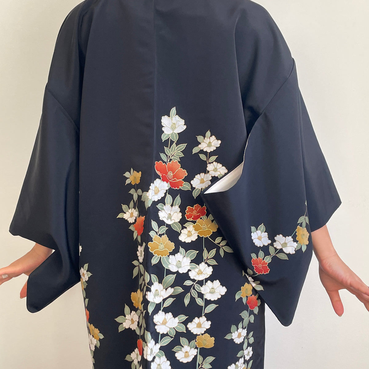 Haori Black with Painted Peonies in Silk
