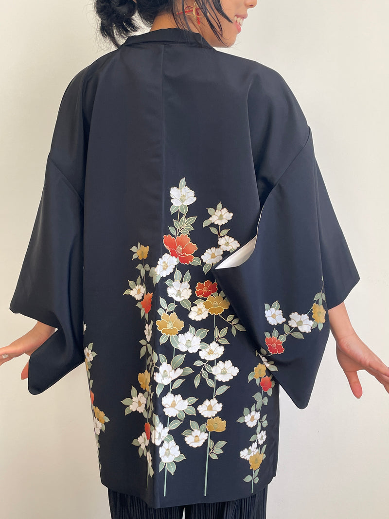 Haori Black with Painted Peonies in Silk