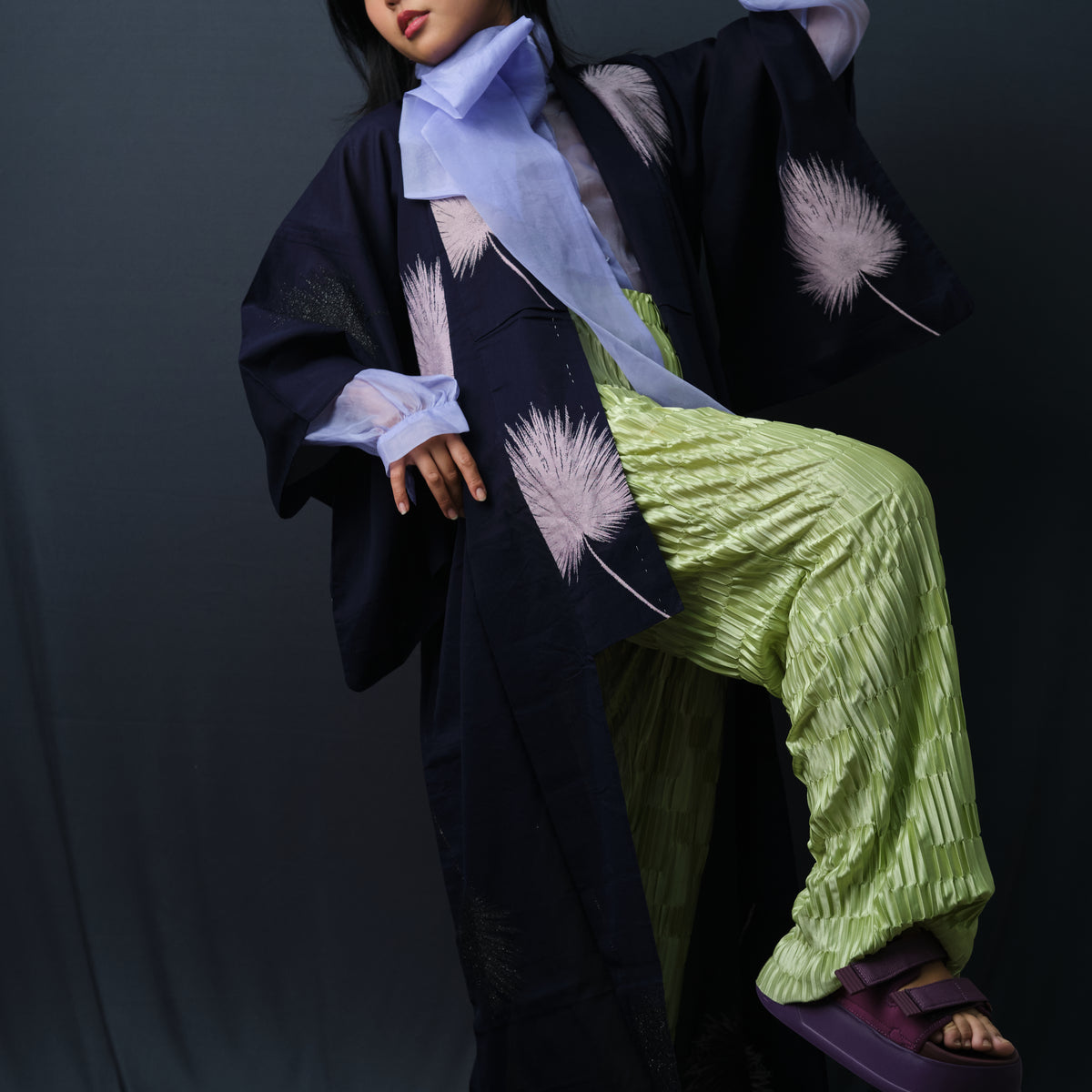 Kimono Sheer Dark Purple with Lilac and Black Embroideries
