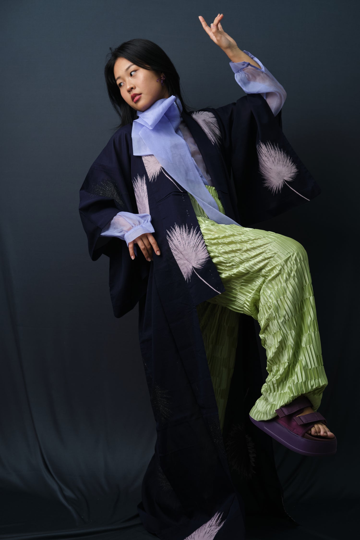 Kimono Sheer Dark Purple with Lilac and Black Embroideries