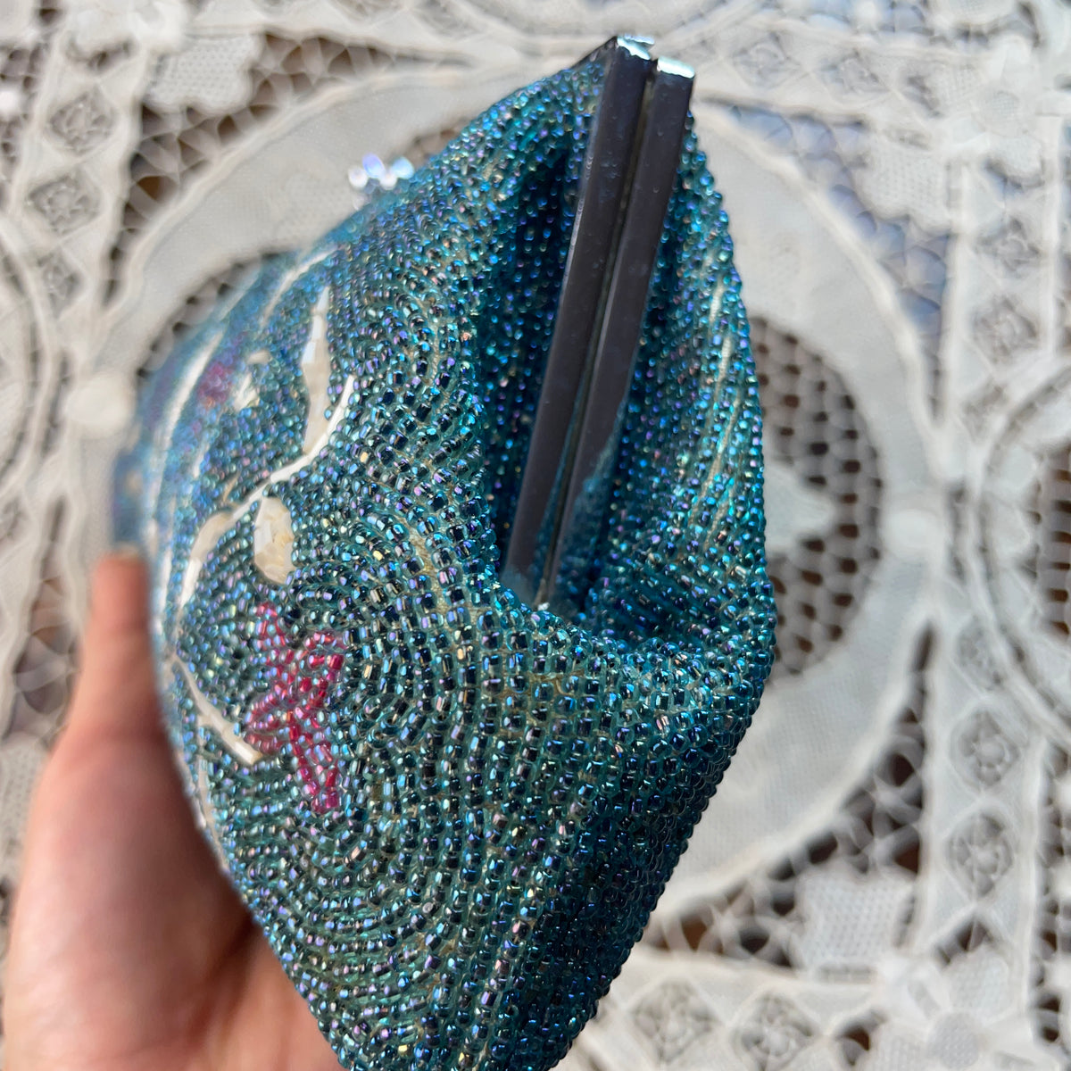 Clutch Vintage Beaded Handbag in Torquoise with Flowers