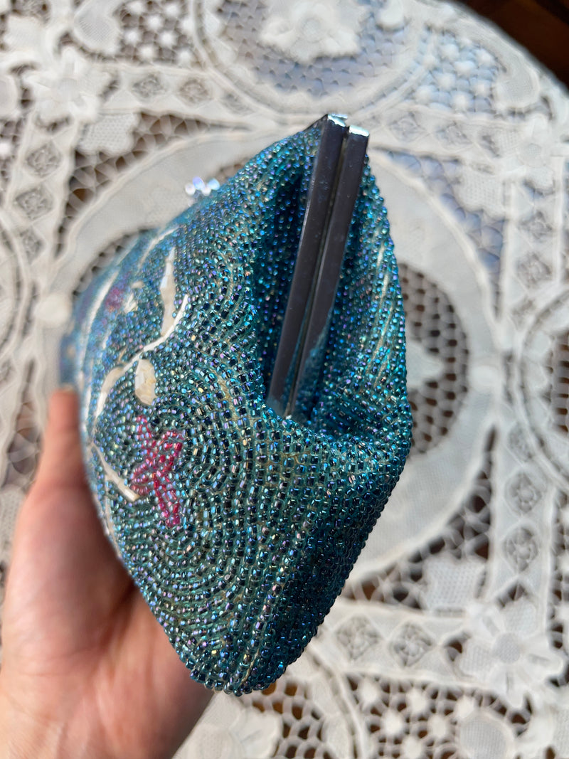 Clutch Vintage Beaded Handbag in Torquoise with Flowers
