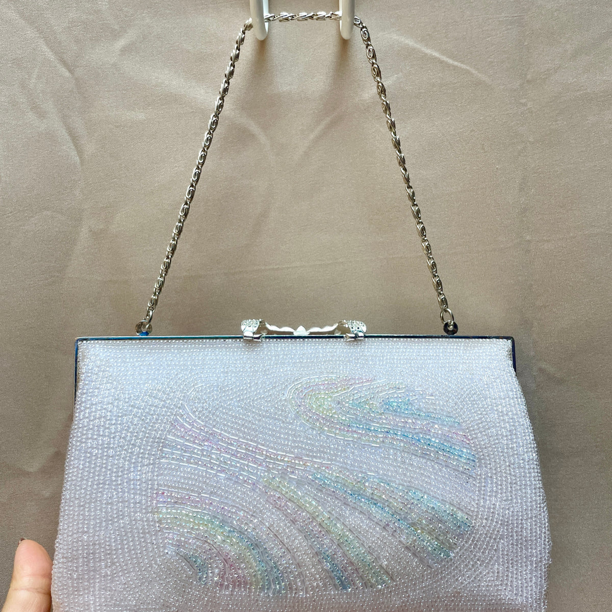 Beaded Handbag Pale Pink with Embroidered Colorful Waves