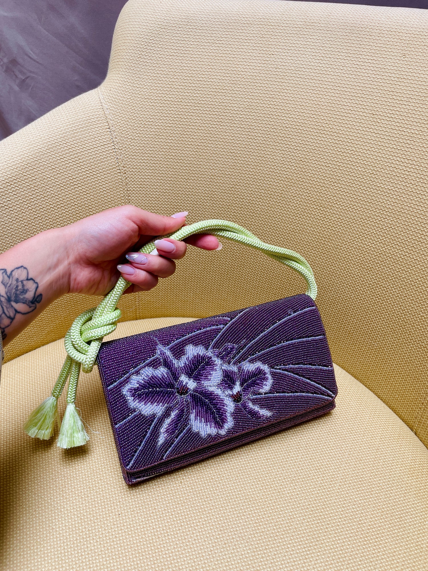 Beaded Clutch Handbag in Purple Orchid with Green Obijime