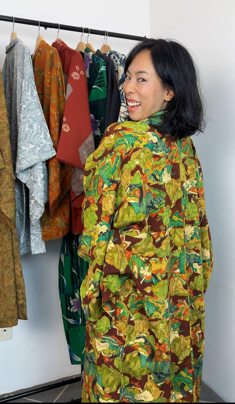 Kimono Dark Brown with Green Pattern of People in Kimono