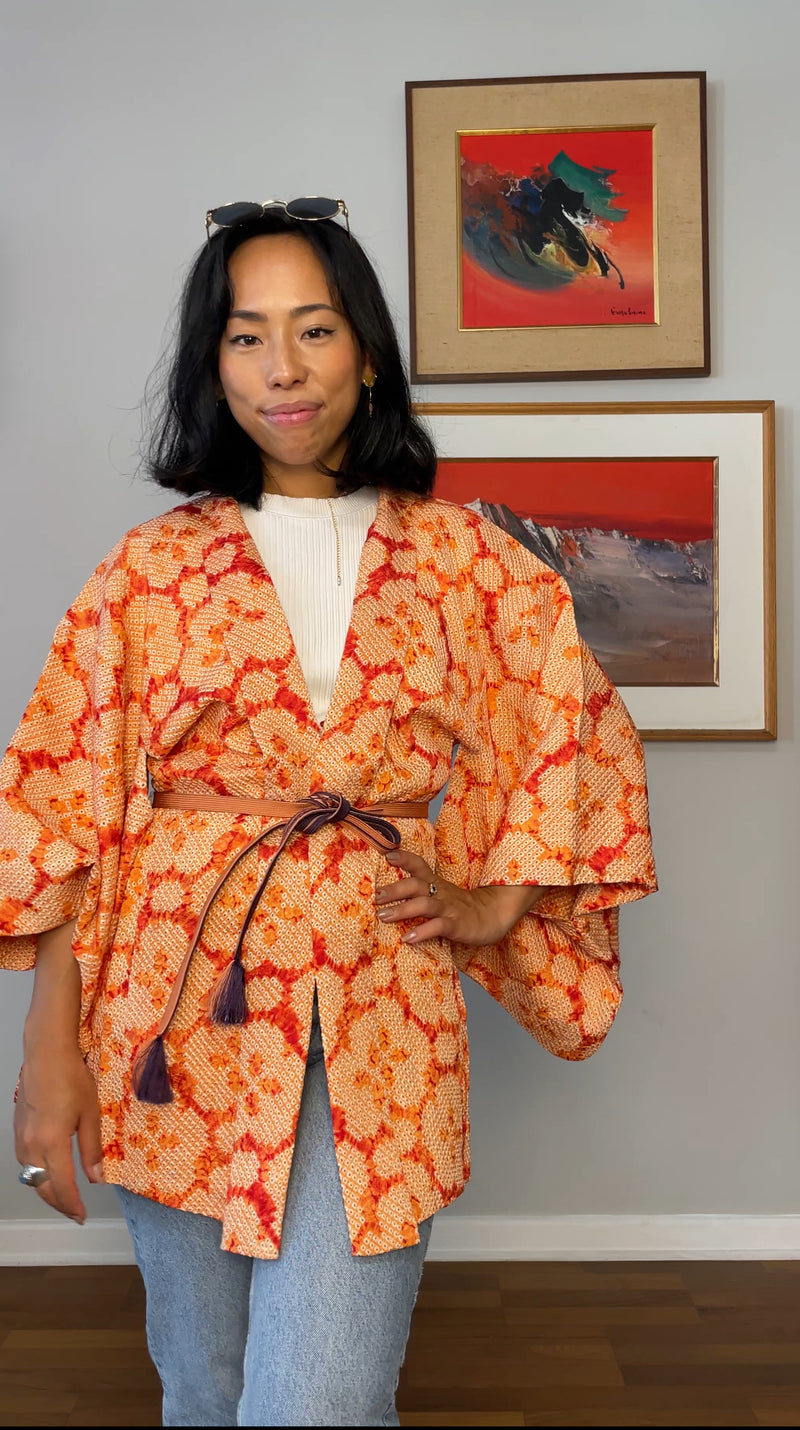 Haori Shibori Salmon Red Flowers