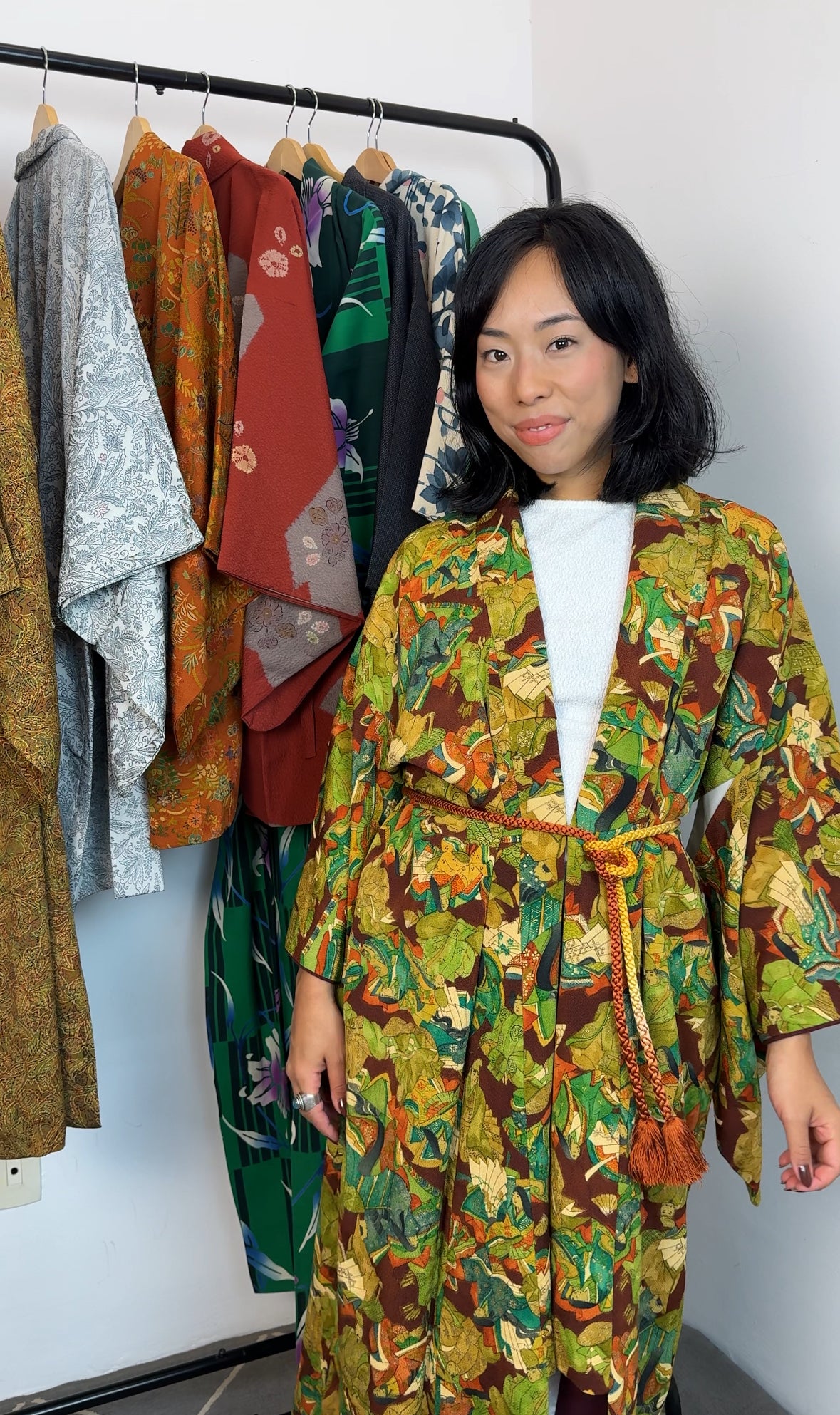 Kimono Dark Brown with Green Pattern of People in Kimono