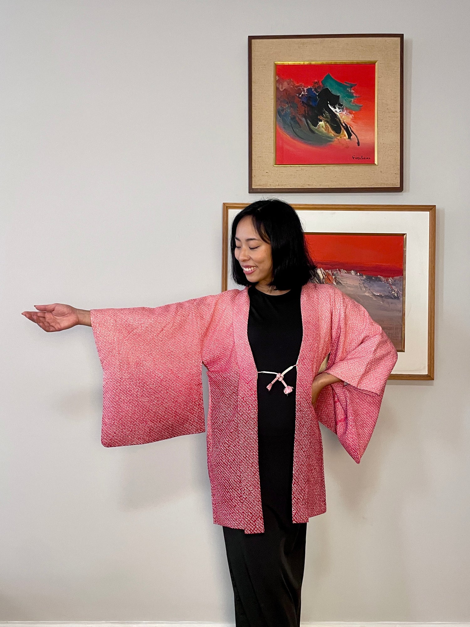Haori Shibori Ombre Red and Pink in Silk
