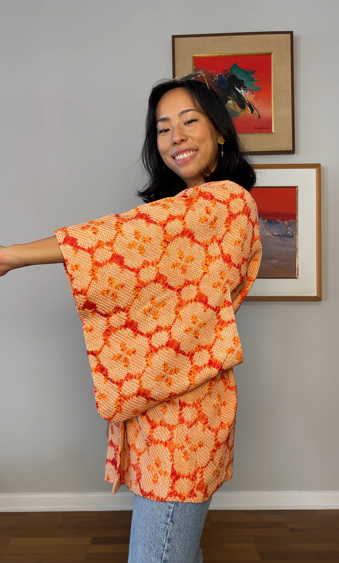 Haori Shibori Salmon Red Flowers
