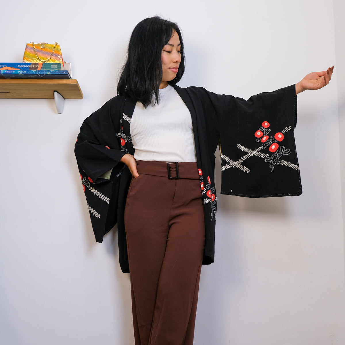 Haori Jacket Black with Shibori Flowers
